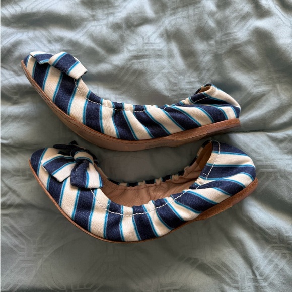 Miu Miu Blue and White Striped Flats with Bow - Picture 8 of 9